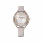 Swarovski Crystalline Aura Uhr, Damenuhr mit Rosé Vergoldetem Gehäuse, Silbernem Zifferblatt, Swarovski Kristallen und Taupefarbenem Lederarmband