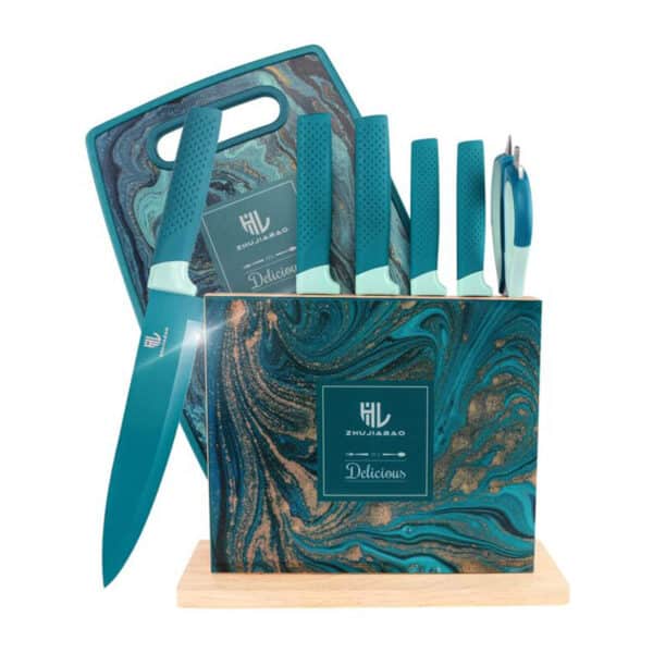 HL zhujiabao Küchenmesser-Sets mit Schneidebrett und Holzblock 8-teiliges Malachitblaues Messerset Professionelles scharfes Kochmesser-Set zum Silieren und Kochen ein Geschenk für Frau und Mann