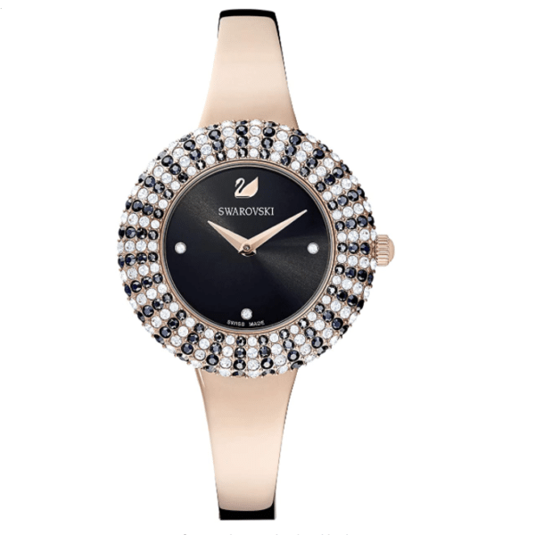 Swarovski Crystal Rose Uhr, Damenuhr mit Rosé Vergoldetem Gehäuse und Metallarmband, Schwarzem Zifferblatt und Schwarzem und Weissem Kristallpavé