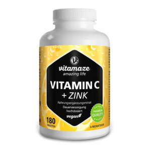 Vitamin C hochdosiert 1000 mg + Zink, vegan & optimal bioverfügbar, 180 Tabletten für 6 Monate, Natürliche Nahrungsergänzung ohne unnötige Zusatzstoffe