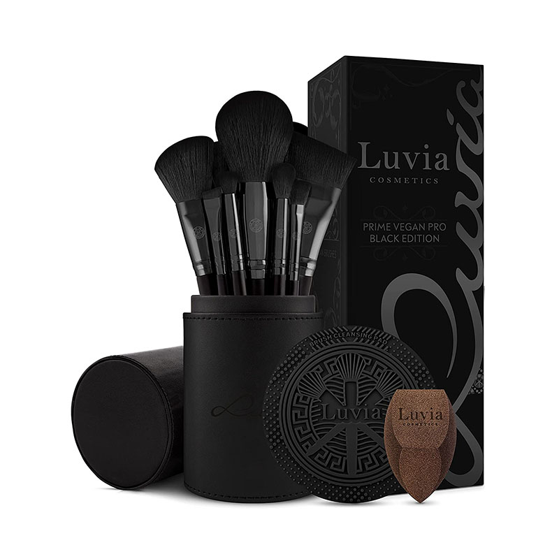 Make-up Pinselset Luvia, Prime Vegan Pro Black, 12 Schminkpinsel inkl. Pinselaufbewahrung, Blender Schwamm & Reinigungsmatte Für Kosmetikpinsel, In Schwarz