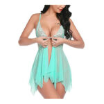 Lucyme Damen Spitze Negligee V Ausschnitt Babydoll Unregelmässiger Hem Lingerie Vorne Offen Nachtwäsche Dessous Set Kleid mit Panties