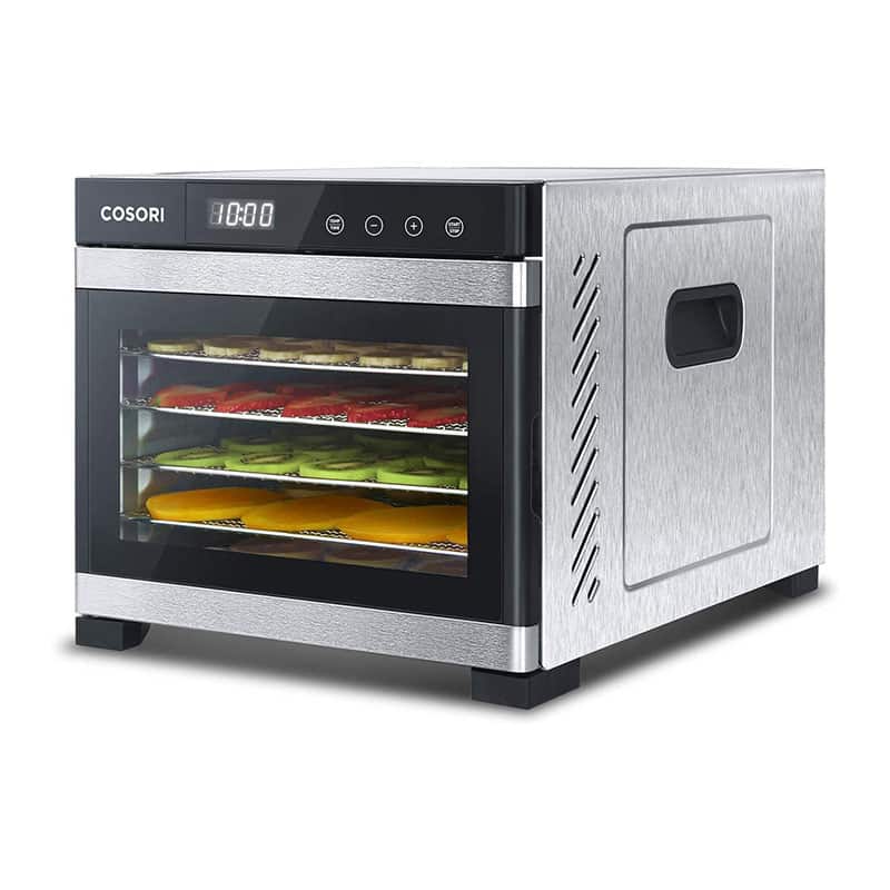 COSORI Dörrautomat edelstahl, Food Dehydrator mit 50 Rezepte, inkl. 6 Edelstahl-Dörrtabletts, 3 Dörrgitter, 3 Dörrmatte, grosse Fläche 0,6 m², 48 Std. Zeitschaltuhr, LED-Display (35°-75°C) und 650W