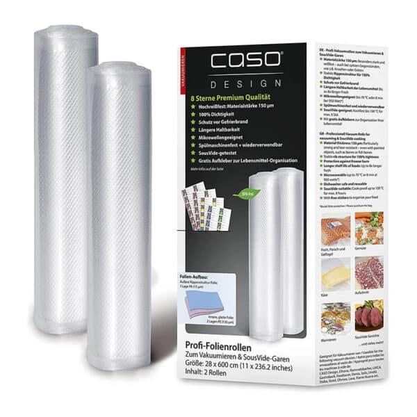 CASO Profi- Folienrollen / 2 Rollen, für alle Vakuumierer, BPA-frei, sehr stark & reissfest ca. 150µm, aromadicht, kochfest, Sous Vide, wiederverwendbar, inkl. Food Manager Sticker