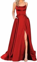 Ballkleider Damen Lang, Frauen Elegant Neckholder Backless Lang Kleider, A-Linie Criss-Cross Satin Spaghetti Party Prom Dress Seitenschlitz Hochzeit Abendparty Kleid mit Taschen – Bild 9