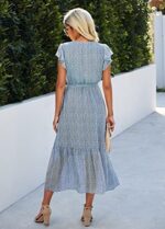 SEVETAT Damen Chiffon Boho Lange Kleid mit Gürtel Sommerkleid Partykleid Elegant V-Ausschnitt Maxikleid Blumenkleid Abendkleid Rüschen Strandkleid Cocktailkleid – Bild 4