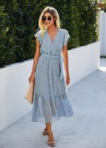 SEVETAT Damen Chiffon Boho Lange Kleid mit Gürtel Sommerkleid Partykleid Elegant V-Ausschnitt Maxikleid Blumenkleid Abendkleid Rüschen Strandkleid Cocktailkleid – Bild 2