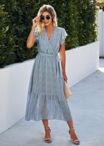 SEVETAT Damen Chiffon Boho Lange Kleid mit Gürtel Sommerkleid Partykleid Elegant V-Ausschnitt Maxikleid Blumenkleid Abendkleid Rüschen Strandkleid Cocktailkleid – Bild 3