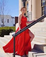 Ballkleider Damen Lang, Frauen Elegant Neckholder Backless Lang Kleider, A-Linie Criss-Cross Satin Spaghetti Party Prom Dress Seitenschlitz Hochzeit Abendparty Kleid mit Taschen – Bild 12