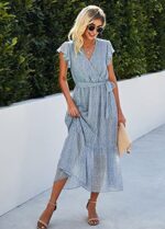 SEVETAT Damen Chiffon Boho Lange Kleid mit Gürtel Sommerkleid Partykleid Elegant V-Ausschnitt Maxikleid Blumenkleid Abendkleid Rüschen Strandkleid Cocktailkleid – Bild 6