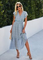 SEVETAT Damen Chiffon Boho Lange Kleid mit Gürtel Sommerkleid Partykleid Elegant V-Ausschnitt Maxikleid Blumenkleid Abendkleid Rüschen Strandkleid Cocktailkleid – Bild 5