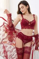 Ningsige Frauen Push-up-BHS Set Spitze BH und Unterhose und Strumpfband und Strumpf 4 Stücke – Bild 3