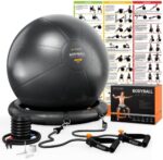 Gymnastikball, Pilates Ball, Sitzball Büro - 55cm / 65cm / 75cm Geburtsball für Schwangerschaft, Balance, Yoga & Fitness. Berstsicher Pezziball Mit Widerstandsbänder, Stabilitätsbasis, Poster & Pumpe