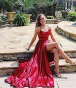 Ballkleider Damen Lang, Frauen Elegant Neckholder Backless Lang Kleider, A-Linie Criss-Cross Satin Spaghetti Party Prom Dress Seitenschlitz Hochzeit Abendparty Kleid mit Taschen – Bild 5
