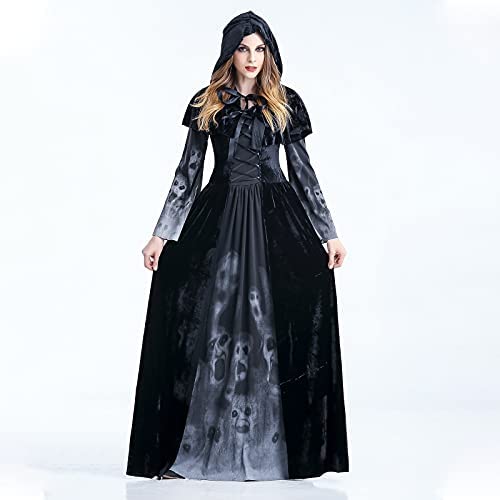 MiiDD Damen Hexen Kostüm,Zombie Kostüm Damen Langarm Vampir Kleid Schwarz Hexen Umhänge Kapuze Halloween ,Vampir Langes Robe Kostüme für Cosplay