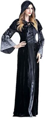 OIOYLEY Damen Hexen Kostüm,Zombie Kostüm Damen Langarm Vampir Kleid Schwarz Hexen Umhänge Kapuze Halloween ,Vampir Langes Robe Kostüme für Cosplay – Bild 2