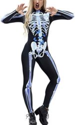 IDGREATIM Damen Halloween Jumpsuit Kostüm 3D Print Langarm Skinny Skeleton Catsuit Cosplay Overall Body – Bild 3