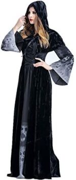 OIOYLEY Damen Hexen Kostüm,Zombie Kostüm Damen Langarm Vampir Kleid Schwarz Hexen Umhänge Kapuze Halloween ,Vampir Langes Robe Kostüme für Cosplay – Bild 3