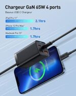 USB C Ladegerät, Baseus 65W PD GaN III, USB C Netzteil 4-Ports [2USB-C + 2USB] PD Ladegerät mit 5ft AC Kabel für MacBook Pro/Air, USB-C Laptop, iPhone 13/12, iPad Pro, Samsung Galaxy S22, S21 – Bild 3