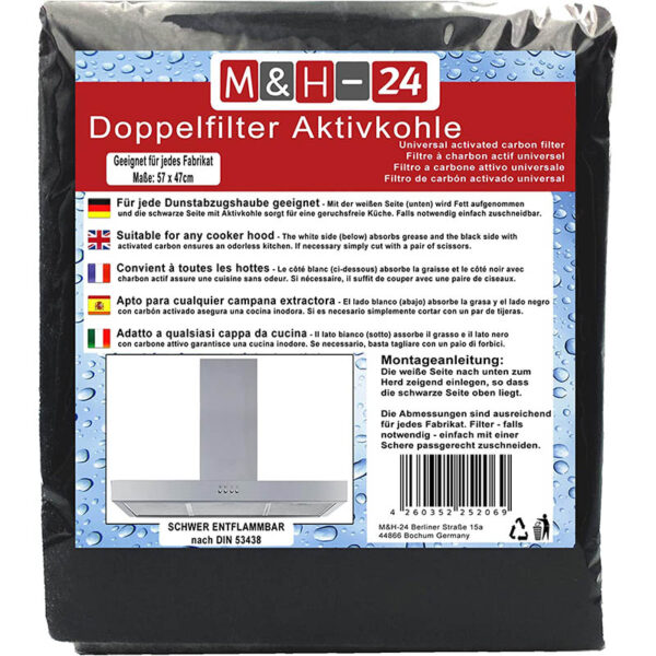 M&H-24 Filter Dunstabzugshaube Aktivkohle + Fettfilter Zuschneidbar - Aktiv-Kohlefilter für Abzugshaube Dunstabzug 60cm Dunstfilter Universal