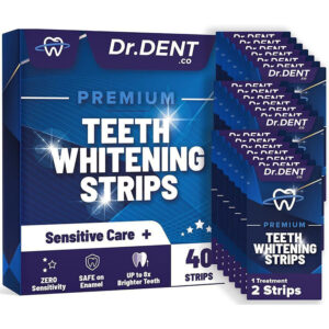 DrDent Premium Zahnweiss-Streifen - 20 Whitening-Sitzungen - Non-Sensitive Formel - 40 Peroxid frei Whitening-Streifen - sicher für Zahnschmelz + Mundöffner enthalten