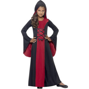 Halloween! Smiffys Kostüm Vamp, Rot und Schwarz, mit Kleid und Kapuze, Schnürdetail