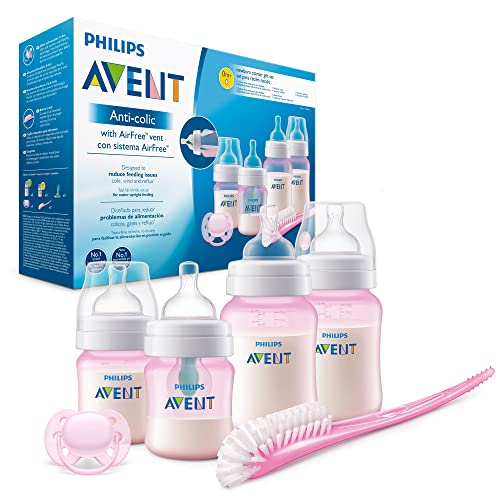 Philips Avent Starter-Set für Säuglinge – Geschenkset Anti-colic-Flaschen mit AirFree Ventil, 4 x BPA-freie Babyfläschchen, Flaschenreinigungsbürste, 0 bis 12 Monate