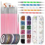 Nail Art Pinsel Set, FANDAMEI 15 Stücke Nagel Pinsel 5 Stücke Dotted Pen, 10 Rolle Streifenband Nägel, Strasssteine Nägel, Ultra Dünn Nagel Pailletten für Nagelkunst Maniküre Set