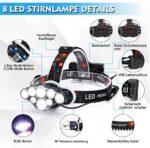 Stirnlampe,MLIAIMCE Superheller Stirnlampe LED Wiederaufladbar 18000 Lumen 8 LED 8 Modi Mit Rotlicht Warnlicht Kopflampe,IPX4 Wasserdicht,Perfekt Für Camping,Fischen,Outdoor,Joggen,Arbeit,Wandern – Bild 2