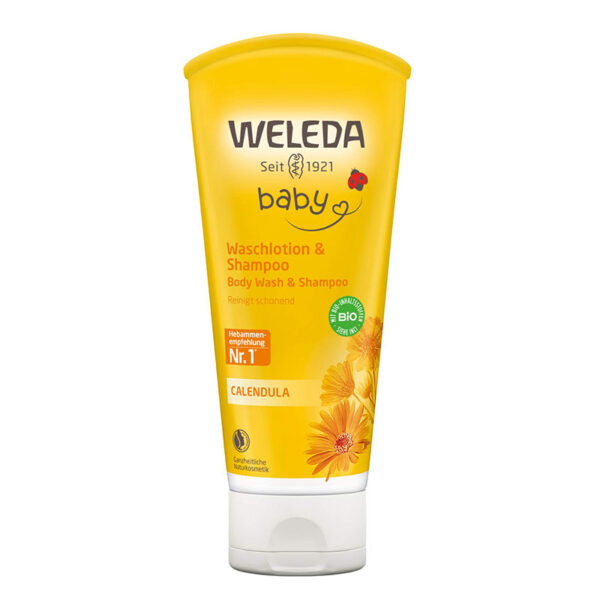 WELEDA Bio Baby Calendula Waschlotion & Shampoo, Naturkosmetik schonendes Duschgel für Babyhaut und Haar, reinigt und pflegt die Kopfhaut von Kindern und Babys (1 x 200ml)