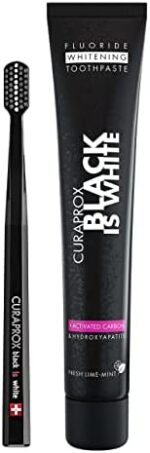 Curaprox Black is White Set für weisse Zähne, Zahnaufhellung mit schwarzer Zahncreme aus Aktivkohle, whitening toothpaste, 1x Zahnbürste und Zahnpasta 90ml – Bild 8