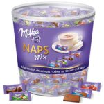 Milka Naps Mix, Zartschmelzende Mini-Schokoladentäfelchen aus Alpenmilch, Erdbeer, Haselnuss und Crème au Cacao