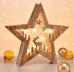 Spetebo LED Dekoleuchte Tanne &  Stern im 3D Design, aus Echtholz, Holzstern mit 10 LED in warmweiss