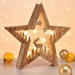 Spetebo LED Dekoleuchte Tanne &  Stern im 3D Design, aus Echtholz, Holzstern mit 10 LED in warmweiss