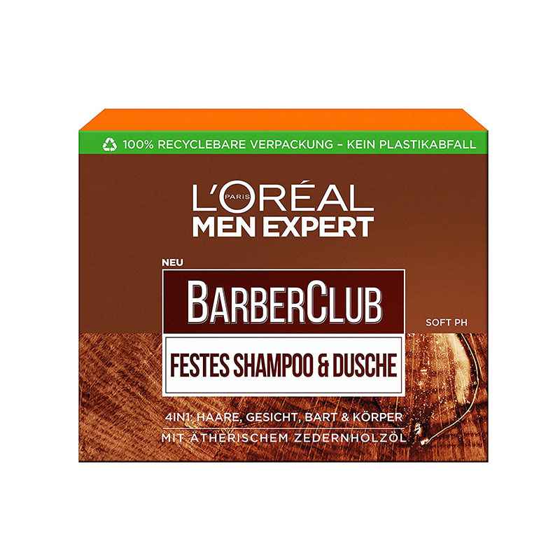 L'Oréal Men Expert Festes Shampoo für Männer, XL-Seifenstück zur Reinigung von Körper, Haar & Bart, Mit pflegendem Zedernholzölkomplex, Barber Club, 1 x 80 g