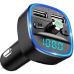 Bluetooth-FM-Transmitter für Auto, blaues Ambiente-Ringlicht, kabelloses Radio, Auto-Empfänger-Adapter-Kit mit Freisprecheinrichtung, Dual-USB-Ladegerät, 5 V/2,4 A und 1 A, unterstützt SD-Kart