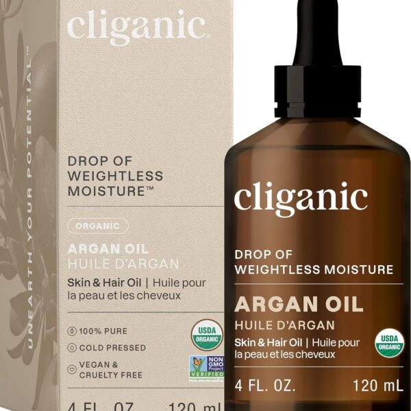Cliganic Bio-Arganöl -  100% Rein, 120ml | Für Haare, Gesicht & Haut | Kaltgepresstes Trägeröl