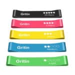 Gritin Theraband 5er Set, Fitnessband Resistance Terra Bands 100% Latex Widerstandsbänder mit Deutscher Übungsanleitung & Tragebeutel, Gymnastikband für Muskelaufbau, Yoga, Pilates, Physiotherapie