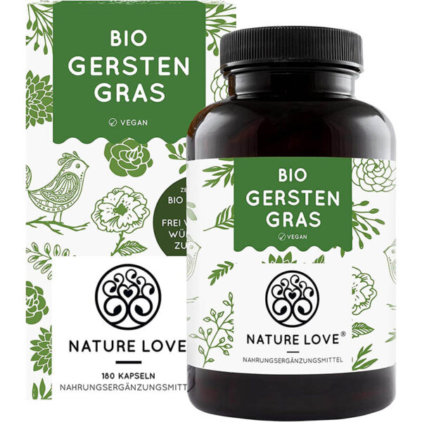 NATURE LOVE® Bio Gerstengras - Hochdosiert mit 1500mg je Tagesdosis - 180 Kapseln - Laborgeprüft und zertifiziert Bio, in Deutschland produziert