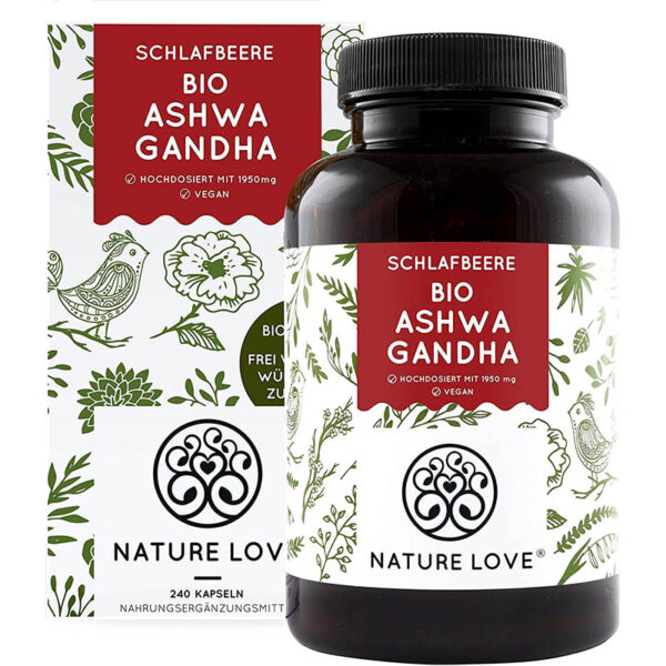 NATURE LOVE® Bio Ashwagandha - Hochdosiert mit 1950mg je Tagesdosis - 240 Kapseln - Hochwertige original indische Schlafbeere - Laborgeprüft, in Deutschland produziert