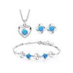 Josfeva Schmuck Set Damen Silber 925, Herz Halskette & Klee Armband & Klee Ohrstecker Set mit 5A Weiss Zirkonia Blau Zirkonia, 45cm Liebe Halskette Damen Ohrringe Ohrstecker Silber Armkette Damen