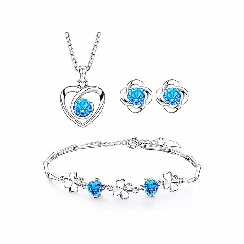 blau Josfeva Schmuck Set Damen Silber 925, Herz Halskette & Klee Armband & Klee Ohrstecker Set mit 5A Weiss Zirkonia Blau Zirkonia, 45cm Liebe Halskette Damen Ohrringe Ohrstecker Silber Armkette Damen â Bild 1