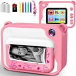 KinderKamera,DigitalKamera Print Sofortbildkamera 1080P 2.0 Zoll Bildschirm Videokamera Schwarzweiss Fotokamera mit 32GB Speicherkarte,3 Rollen Druckpapier,5 Farben Pinselstift Geschenk für Kinder