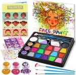 lenbest Kinderschminke Set - Schminke Kinder 17 Farben(5 Schimmernde Farben) | Glitzersteine | Pinsel | Glitzer | Make Up Schwamm | Schablonen - Schmink Kinder Face Paint Party Fasching Halloween