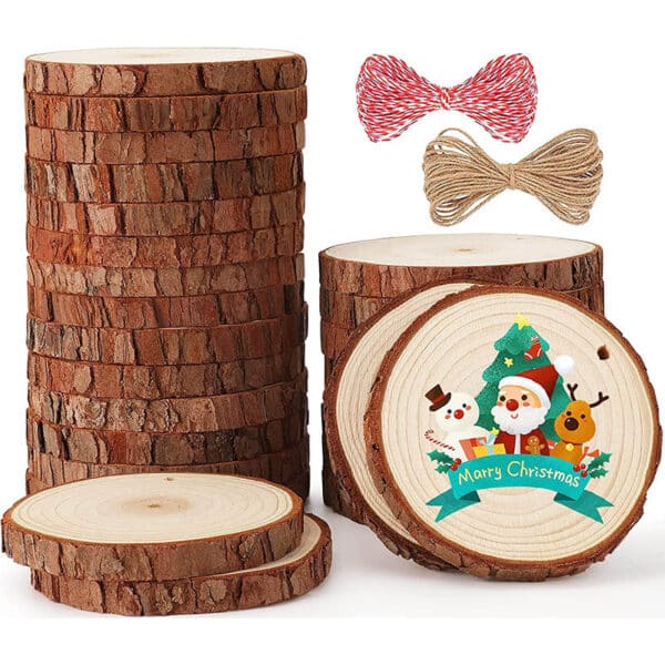 SOLEDI Natürliche Premium Holzscheiben Runde 8-9cm 26 Stücke zum Basteln - Baumscheiben mit Loch für Malerei, DIY, Weihnachten deko - Fest und Stabil Astscheiben mit Lanyard
