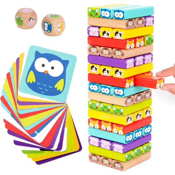 Nene Toys Wackelturm 4 in 1 aus Holz mit Farben und Tieren