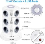 BEVA 12 Fach & 8 Fach, Mehrfachsteckdose mit 3 USB Steckdosenleiste mit Dimmbarem Nachtlicht Steckdosenturm (2500W/10A) Multi Steckdosen Steckerleiste, Überspannungsschutz – Bild 2