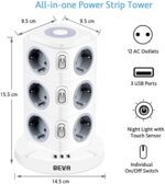 BEVA 12 Fach & 8 Fach, Mehrfachsteckdose mit 3 USB Steckdosenleiste mit Dimmbarem Nachtlicht Steckdosenturm (2500W/10A) Multi Steckdosen Steckerleiste, Überspannungsschutz – Bild 4