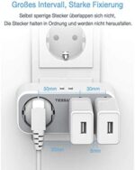 Doppelstecker für Steckdose, TESSAN 5 in 1 Mehrfachsteckdose mit 2 USB, Mehrfachstecker für Steckdose, Steckdosenadapter 3fach mit USB Ladegerät Kompatibel mit Phone und Haushaltsgeräte – Bild 3