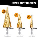 Rovtop 3PCS Spiralnut Stufenbohrer Set aus HSS Edelstahl Bithalter Schälbohrer Kegelbohrer Konusbohrer Metallbohrer Bohrer Satz 4-12mm/4-20mm/4-32mm – Bild 4